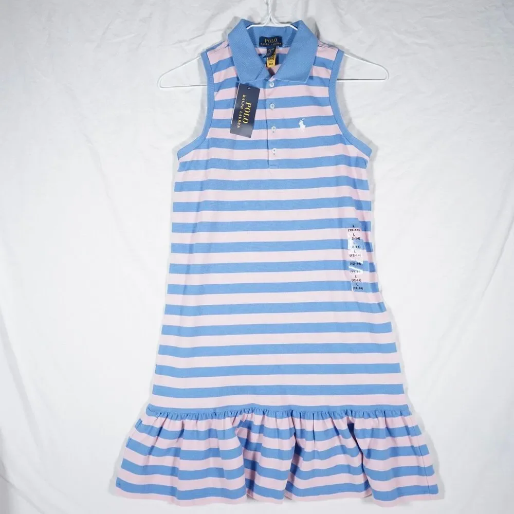 NWT Polo Ralph Lauren Girls Sleeveless Striped Dress Blue Pink Ruffle Large